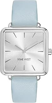 Nine West Women's Analog Watch, Light Blue Faux Leather Strap, Vegan Leather Strap, Limited Movement, Chronograph, Silver-Tone Dial, NW/2671SVLB