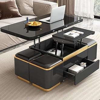 Guyii Multifunctional Lift Top Coffee Table, Extendable Coffee Table with 4 Storage Stools, Space Saving Folding Dining Table for Living Room, Office, Small Space