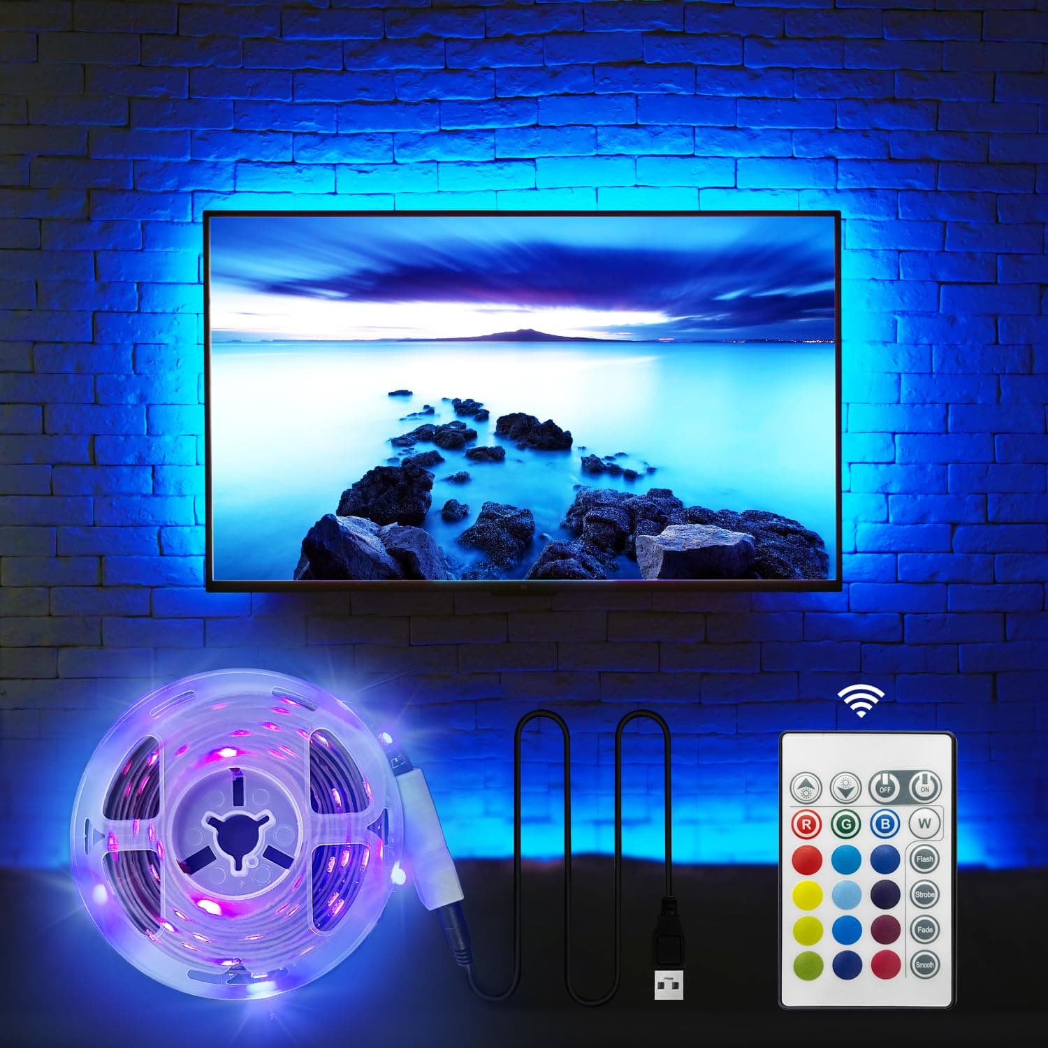 HAMLITE TV LED Backlight for 32-60 Inch, 8.2Ft LED Strip Lights W-Shape Easy-Curve Design, Syn on/Off with TV, 16 Colors Changing TV Back Lights Bias Lighting, Under TV Stand, Soundbar, PC
