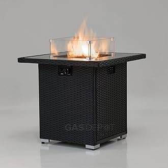 Coreglass Rattan Gas Square Fire Pit - Heat Adjustable 13KW Outdoor Fire Pit - Standing & Table Use - Easy Ignition - 27mm Regulator, Black
