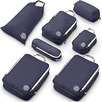 Extra Large Compression Packing Cubes for Travel-Extra Large Packaging Cube Luggage Organizers 7 Piece Set-Ultralight, Expandable/Compression Bags for Clothes (Navy/White))