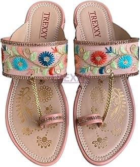 Kolhapuri Embroidered Chappal for Women | Flat Fashion Sandals | Ethnic Slippers for Girls | Ethnic Flat Sandals | Toe-Ring Festive Slippers | Slip On Ethnic Flats Chappal