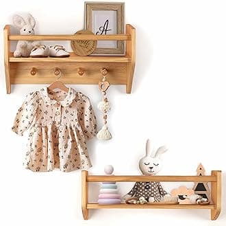 BINGY Nursery Book Shelves - Set of 2 Wall Shelves with Hooks for Clothes - 2-Tier Nursery Bookshelves Made from Solid Wood - 15.71" x 4.8" x 5.5" - Natural Wood