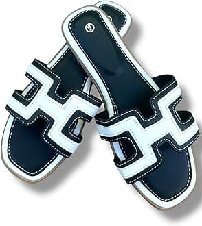 Women's H-Style Slide Sandals, Contrast Stitching, Multiple Colors, Flat Casual Slip-On.