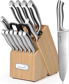 Kuisine Premium Sharp Knife Set,Carbon Steel Knife Set Forged,Ergonomic Handle Knife Block Set,Kitchen Block Knife Set,Chef Knife Set Built-in Sharpener(Silver Pro, 15PCS)