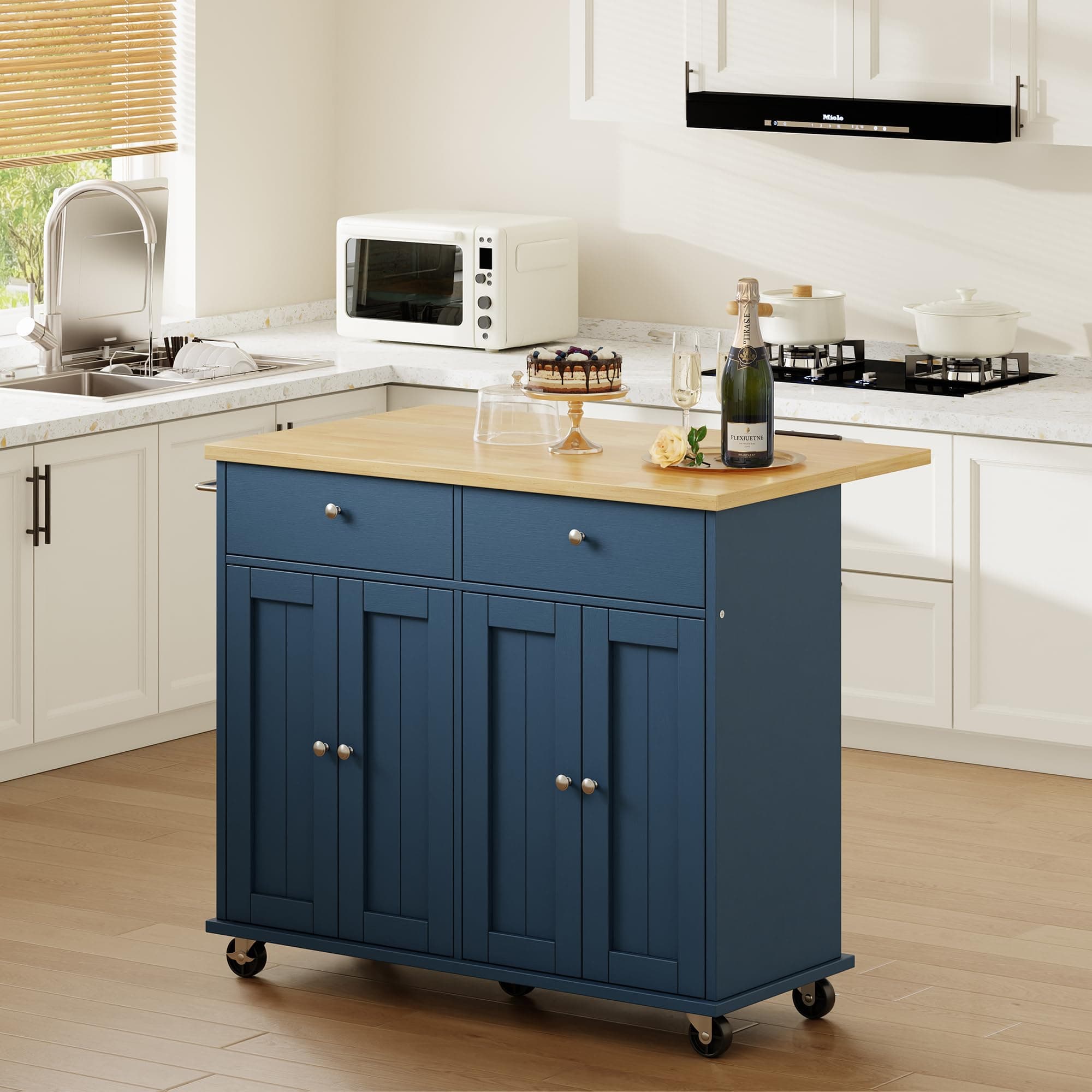 Kitchen Island with Drop Leaf, Rolling Kitchen Cart with Storage on Wheels, Table Bar Cart for Kitchen with Towel Rack & Seating Area for Dining Room, Blue