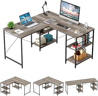 BestierL Shaped Desk with Shelves 86 Inch Reversible Corner Computer Desk or 2 Person Long Table for Home Office Large Gaming Writing Storage Workstation P2 Board with 3 Cable Holes, Gray