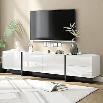 Merax Contemporary Rectangle Design TV Stand for Television Up to 80", Unique Style Console Table, Modern Storage Cabinet with High Gloss UV Surface for Living Room, White