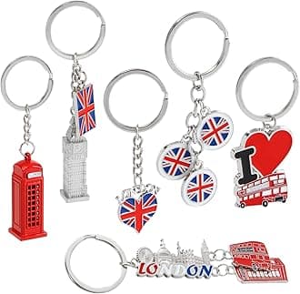 – Juvale London Keychains - 6-Pack Souvenir Key Rings, 6 Assorted Designs Including Double-Decker Bus, Red Telephone Booth, Big Ben, and UK Flag, Silver, Red and Blue
