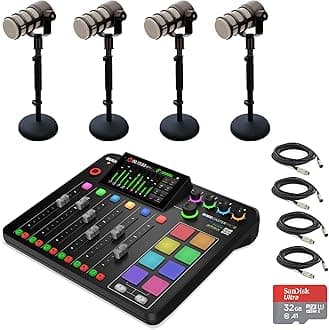 Rode RODECaster Pro II Integrated Audio Production Console with 4x Rode PodMic Dynamic Podcasting Microphones, DS1 Desktop Mic Stands, 32GB microSD Card, XLR Cables and StreamEye Cloth