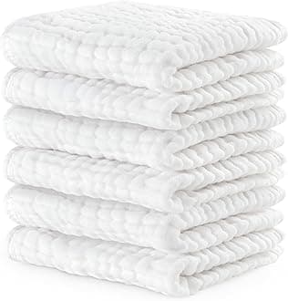 Baby Washcloths, Muslin Cotton Towels, Large 10”x10” Wash Cloths Soft on Sensitive Skin, Absorbent for Boys & Girls, Newborn Baby & Toddlers Essentials Shower Registry Gift (White, Pack of 6)