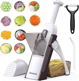 Safe Mandoline Slicer for Kitchen, Adjustable Thickness 0.1-8 mm, 5 in 1 Multi Vegetable Chopper, Potato Slicer, Food Chopper French Fry Cutte, with Paring Knife/Cleaning Brush, Mandolin (Brown)