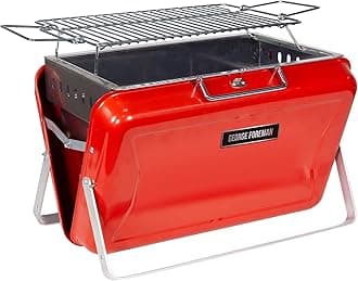 George Foreman Portable Charcoal BBQ, On-The-Go Toolbox, Portable, Sturdy Foldable Legs, Convenient Handle, Lightweight, Camping, Red, Charcoal Barbecue, GFPTBBQ1005R