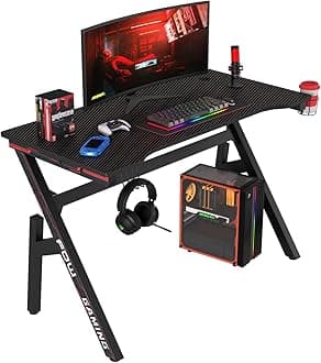 BestOffice | 47" Gaming Desk | Red | Carbon Fiber Textured Computer Desk | Sturdy Steel Frame, Cup Holder, Headphone Hook, Cable Management Holes, Adjustable Leg Pads | for Gamers, Home, Office