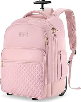 Rolling Backpack Carry On Luggage For Adults With Wheels, 45L Wheeled Backpack For Women, Travel Roller Backpack, Rolling Bookbag for Girls, Pink
