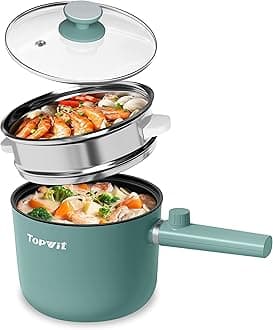 Hot Pot Electric with Steamer, 1.5L Ramen Cooker, Non-Stick Sauté Pan, Portable Cooking Pot, Electric Cooker with Dual Power Control, BPA Free, Over-Heating & Boil Dry Protection, Green