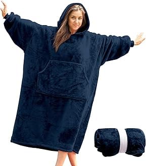Winkcao Oversized Wearable Blanket Hoodie Women Men Adults, Extra Thick Warm Fleece Hoodie Blanket Women with Giant Hood & Pocket, Cozy Hooded Blanket Women as Gifts for Her, Navy Blue