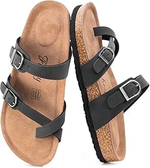FITORY Women's Slide Sandals with Soft Cork Footbed, Comfort Arch Support Flat Sandals for Summer Size 4-9