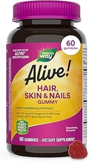Nature’s Way Alive! Hair, Skin & Nails Gummies with Collagen and Biotin, Advanced Beauty Formula Supplement with Antioxidant Vitamins C & E*, Strawberry Flavored, 60 Gummies