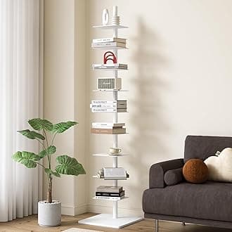 9-Tier Metal Spine Bookshelf - Tall Narrow Ladder Book Tower, Corner Shelf for Small Spaces, Multipurpose Display Shelf for Home Office (White)