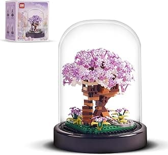 Purple Cherry Blossom Bonsai Tree Micro Building Blocks, Sakura Tree House DIY Architecture with a Ratatable Display Glass Cover,A Great Building Decoration for 6+ Boys or Girls
