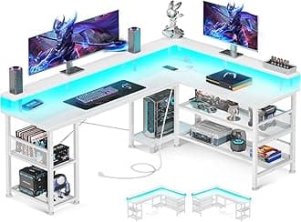 ODK 59" L Shaped Gaming Desk with Power Outlet and LED Lights, PC Gaming Table with USB Ports, Reversible L Shape Desk with Storage Shelves & Monitor Stand, Home Office Desk, Pure White