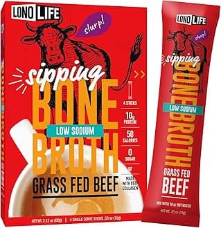 LonoLife Low Sodium Beef Bone Broth Powder Mix | Grass-Fed, 10g Protein | Collagen-Rich, Keto & Paleo Friendly | Natural Ingredients | 4 Portable Stick Pack Servings