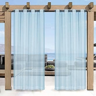 Outdoor Curtain for Patio, Blue Linen Look Semi-Sheer Curtains Waterproof Light Filtering Voile Outside Grommet Drapes for Pergola Balcony Pool Indoor 2 Panels, W100 x L120