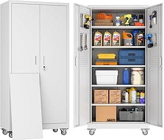 Garage Storage Cabinet with Wheels & Pegboard, 71" H Locking Metal Storage Cabinet with 2 Doors and 5 Adjustable Shelves for Garage Workshop Home, White, Assembly Required