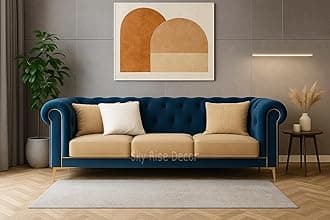 Sky Rise Decor Modern Classic Sofa Couch Fabric & Valvet Tufted Chesterfield Sofa Living Room and Office (Blue & Beige 3 Seater)