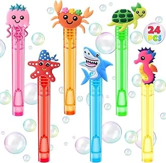 Winrayk Under the Sea Party Favors, 24Pcs Ocean Animal Mini Bubble Wands for Kids Bubbles Bulk with Detachable Topper (6 Styles & Colors), Summer Pool Beach Birthday Goody Bag Stuffer Classroom Prizes