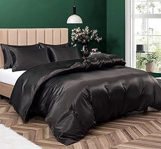P Pothuiny 5 Pieces Satin Duvet Cover Full/Queen Size Set, Luxury Silky Like Black Duvet Cover Bedding Set with Zipper Closure, 1 Duvet Cover + 4 Pillow Cases (No Comforter)