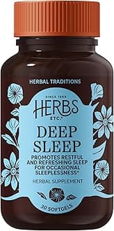 Herbs Etc. Deep Sleep Softgels - Herbal Sleep Support Supplement - Rest & Calming Support with Passionflower, Chamomile & Lemon Balm - 30 Softgels (30 Servings)