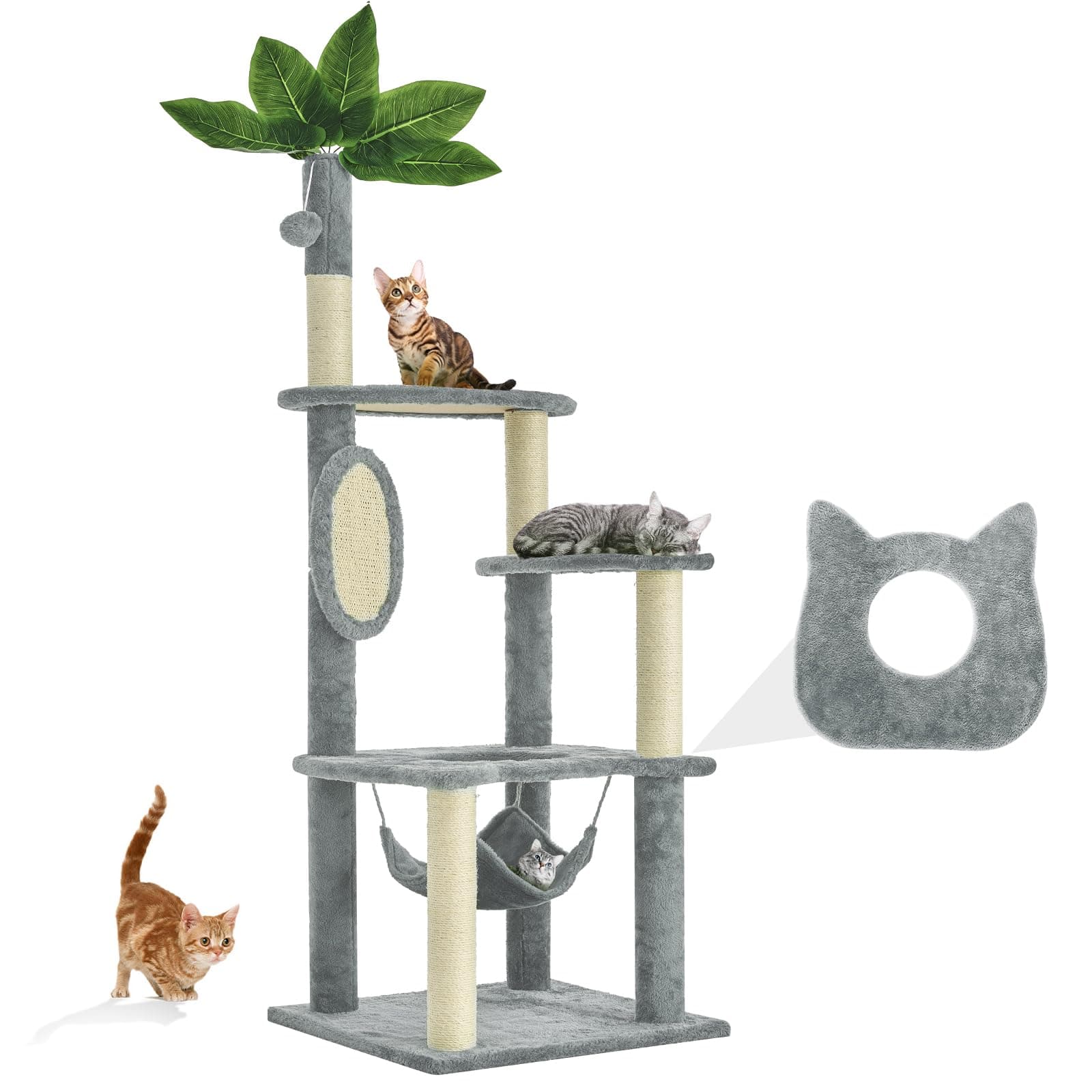 61" Cat Tree for with Green Leaves, Multi-Level Large Cat Tower with Hammock, Plush Cat House with Hang Ball Toy and Sisal Scratching Posts Furniture, Grey