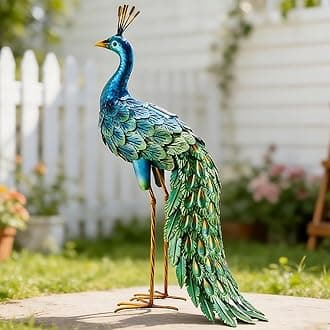 chisheen Outdoor Solar Peacock Statue Garden Decor for Outside Metal Yard Art...
