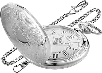 Carved Flower Quartz Pocket Watch with Quartz Movement, Pocket Watch with Chain Clip for Men