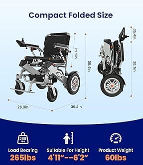 VOCIC Electric-Wheelchairs-for-Adults, 20 Miles Long Travel Range with 2 Lithium Batteries, Foldable Lightweight Power Wheelchair All-Terrain Portable Motorized Wheelchair for Seniors Support 265 lbs