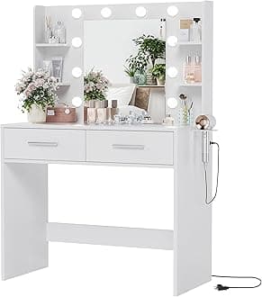 YESHOMY Vanity Desk with Mirror, Makeup Table with 2 Large Drawers, Power Outlet and Round Holder, 3 Color Modes Adjustable Bulb, White