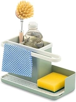 simplywire – Sink Tidy/Caddy – Kitchen Sink Organiser – Removable Drip Tray – Non-Slip - Sage Green & White