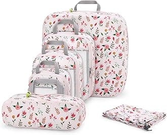 Gonex Compression Packing Cubes, Extensible Storage Mesh Bags Organizers, 6 PCs Floral - Pink, Printed L+M+S+XS+Slim+Laundry Bag