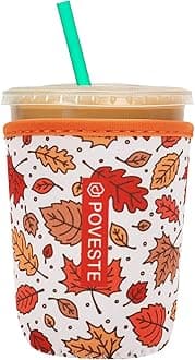 Reusable Neoprene Insulator Sleeve for Iced Coffee & Cold Soda, Coffee Sleeves for Iced & Hot Drinks, Cold Beverage Cooler Compatible with Starbucks, Dunkin (Fall Leave, Small: 16-18oz)