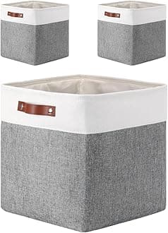 Mangata Storage Boxes, Set of 3 Fabric Storage Cubes with Handles(33x38x33cm, Grey White)
