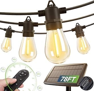 addlon 78(72+6) FT Solar String Lights Outdoor Waterproof with USB Port & Remote Control Solar Patio Lights Long Last for 20+Hrs Dimmable Solar Power LED Bulbs Hanging for Porch Garden Market Bistro