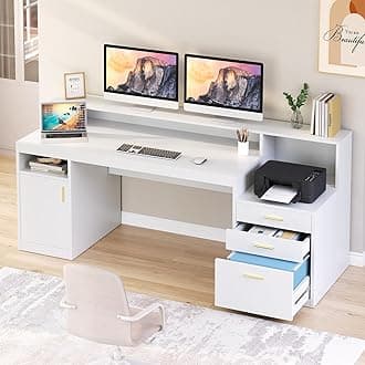 Computer Desk with 3 Drawer & Storage Shelves, Home Office Desk with File Drawer & Cabinet, Writing Study Table with Long Monitor Stand & Printer Shelf, Executive Desk, White