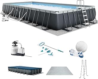 INTEX Ultra XTR 32 ft x 16 ft 52 in Above Ground Pool Set, Rectangular Swimming Pool with Sand Pump, Saltwater System, Maintenance Kit, & Volleyball Game