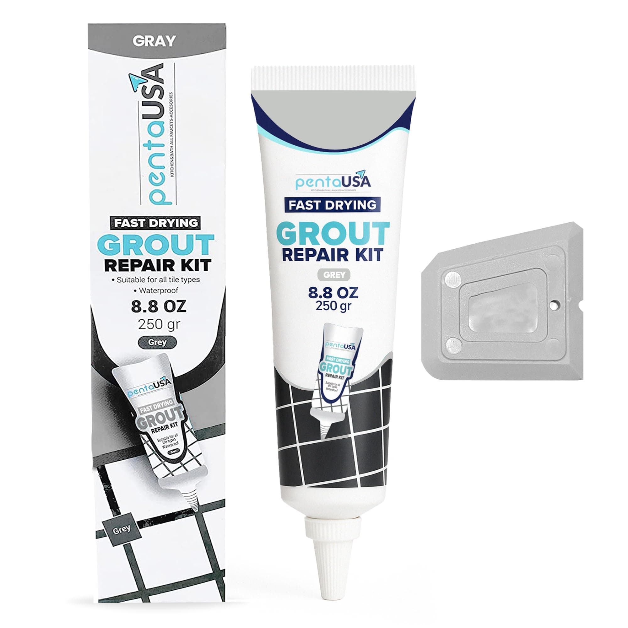 Tile Grout Repair Kit - Premixed Sanded Grout for Bathroom, Shower & Kitchen - Repairs, Renews & Restores, Waterproof Formula - Gray (8.8oz / 250gr)