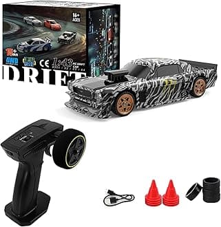 1/43 Drift RC Car, Drifty Boyz RC Mini Car for Adults High Speed, Throttle & Steering Full Proportional Control, RTR 2.4Ghz Remote, Simulate LED Car Light, 2 Sets of Tires, 8 Road Cones (White black)