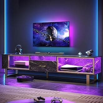 Bestier 80 Inch TV Stand for 65/75/85/90 Inch TVs, LED Gaming Entertainment Center for PS5 with Open Storage and Drawer, Modern High Gloss Media Console for Living Room Bedroom, Black Marble