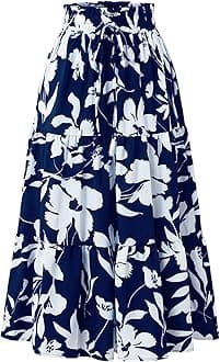 Floral Maxi Skirt for Women Summer Comfy Tiered Elastic High Waisted Skirts Vacation A-Line Flowy Swing Long Skirts