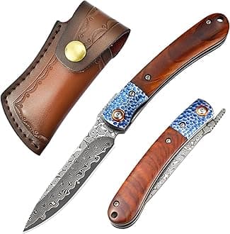 AUBEYDamascus Folding Pocket Knife with Leather Sheath and Wooden Handle for Men Collection, EDC Damascus Knife with Liner Lock and Flipper for Outdoor Survival Camping